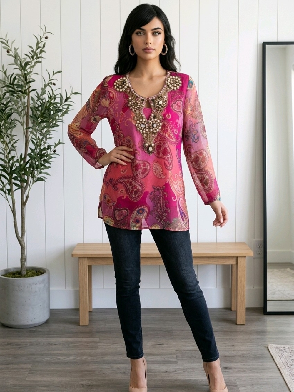 Boston Proper Fuchsia Paisley Embellished V-Neck Tunic